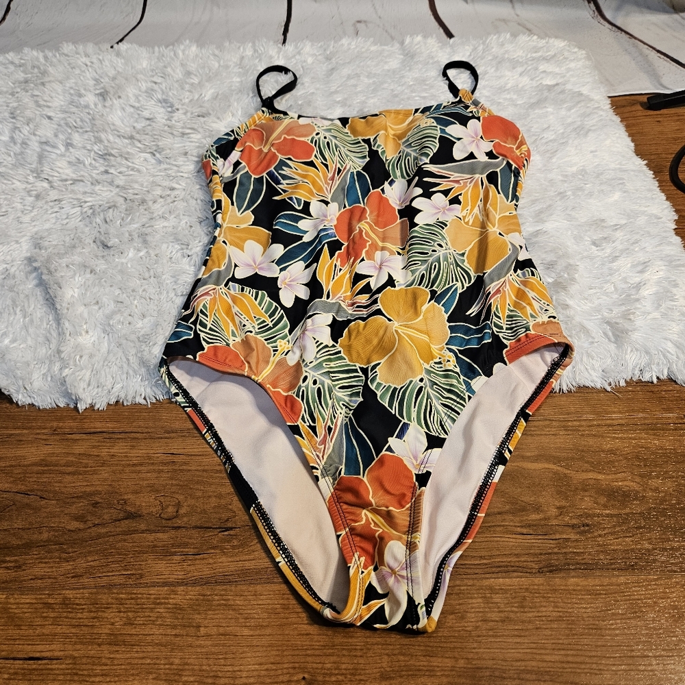 Floral One Piece Swimsuit Tropical Print Black Orange Yellow‎ Bathing Suit Sz L